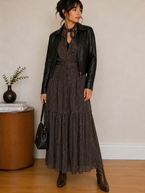 ZARA Patterned Black and Tan Tie-Neck Dress